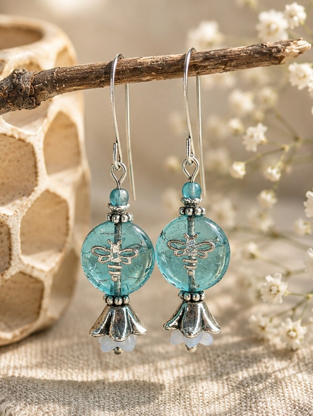 Bee Earrings Aqua Czech Glass Flower Artisan Dangles Hand Crafted
